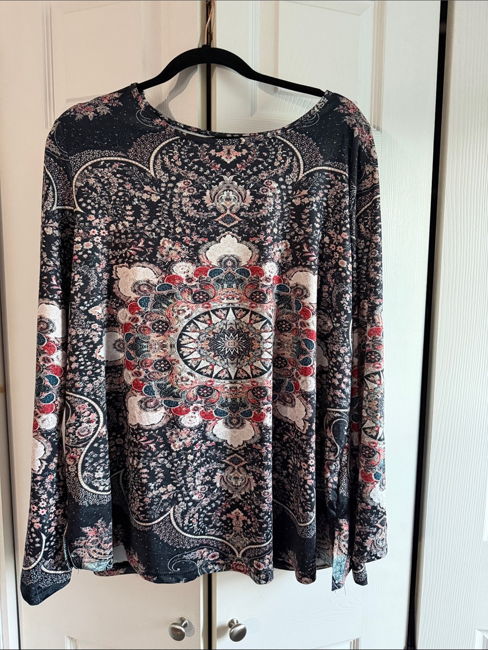 SHEIN Black Floral Mandala Long Sleeve Tunic with Red and Teal Accents
